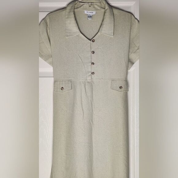 H Look M Gin Green 100% SILK  Buttons Polo Collar Shrtslv Belt Women Midi Dress - Picture 3 of 10